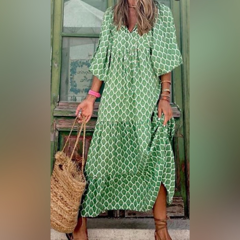 Green and White Off Shoulder Flutter Sleeve Maxi Dress